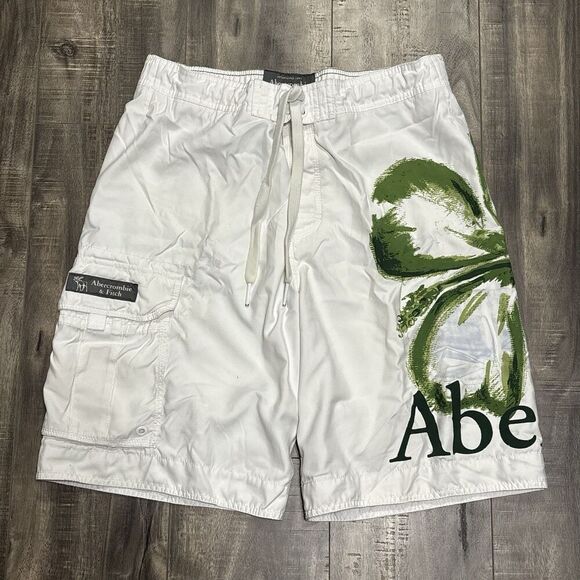 Abercrombie & Fitch Mens Large White Green Floral Cargo Swim Trunks Logo Pockets - Picture 1 of 5